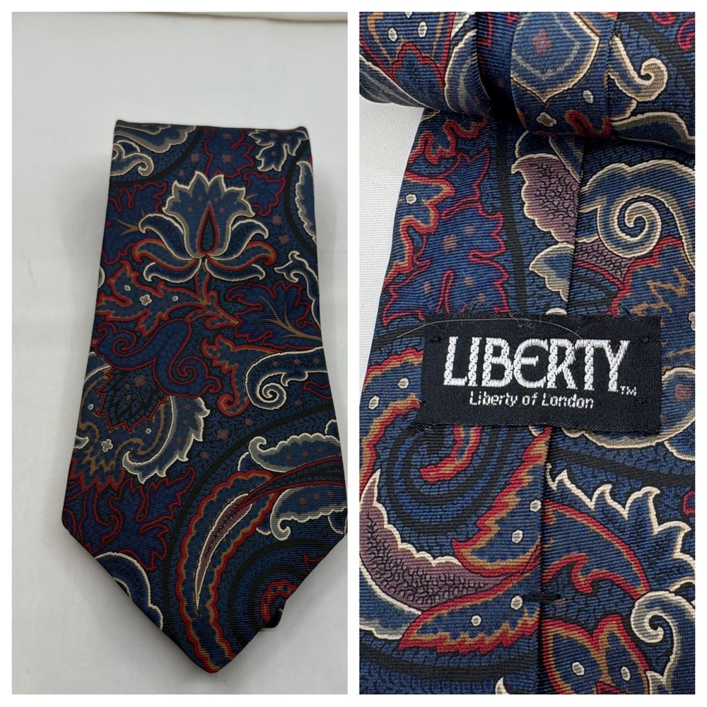 Liberty of London Men's Tie - Navy, Red, and Cream Paisley
